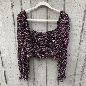 Whimsigoth Ruched Chiffon Blouse Smocked Ditsy Floral Balloon Cinched Sleeve, Lg